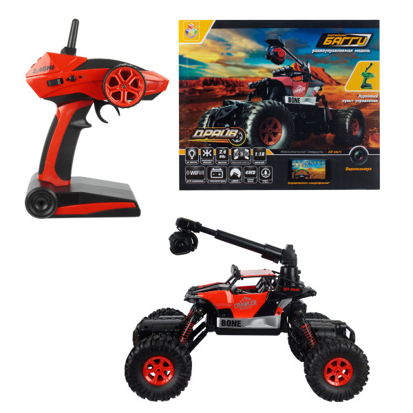 1toy Драйв, багги на р/у, 2,4GHz, 4WD, wifi кам. 480p, масшт. 1:16, пов. всех кол., караб-ся, свет, влагост., упр. смарт.,АКБ 600mAh Ni-CH, болотный