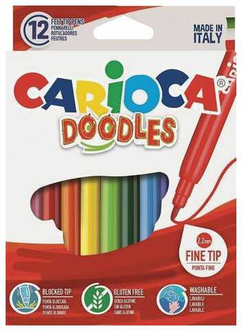 Фломастеры CARIOCA (Италия) "Doodles", 12 цветов, суперсмываемые, 42314