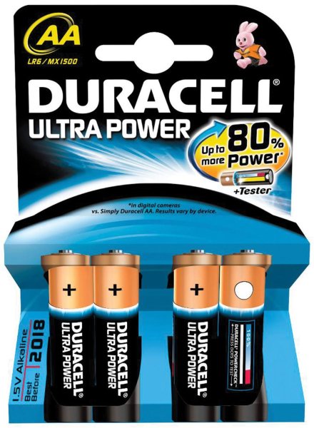 Батарейки DURACELL Ultra Power, AA (LR06, 15А), алкалиновые, КОМПЛЕКТ 4 шт., в блистере