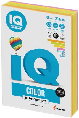 Бумага IQ color, А4, 80 г/м2, 200 л., (4 цв. x 50 л.), цветная, неон, RB04