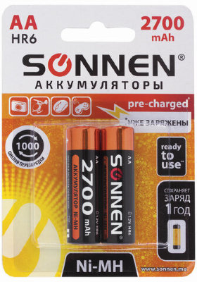 Батарейки аккумуляторные SONNEN, АА (HR06), Ni-Mh, 2700 mAh, 2 шт., в блистере, 454235