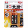 Батарейки аккумуляторные SONNEN, АА (HR06), Ni-Mh, 2700 mAh, 2 шт., в блистере, 454235