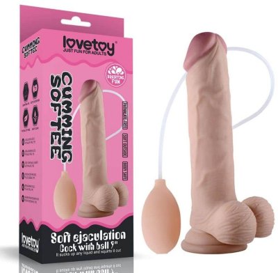 Телесный фаллоимитатор с имитацией эякуляции 9  Soft Ejaculation Cock With Ball - 22,9 см.