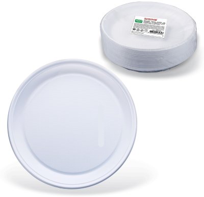 Одноразовые тарелки плоские, КОМПЛЕКТ 100 шт., пластик, d=220 мм, "СТАНДАРТ", белые, ПП, холодное/горячее, ЛАЙМА