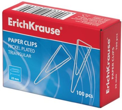 Скрепки ERICH KRAUSE, 25 мм, металлические, треугольные, 100 штук, в картонной коробке