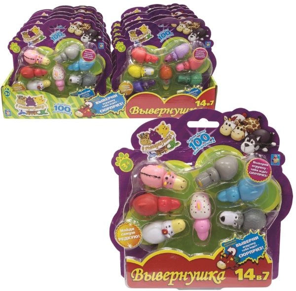 1toy игрушка Вывернушка 2в1(6*2*2,5 см.) пластик, 101вид,7 шт.в блистере (20,5*21*3,5 см.),10 блистеров в д/б (44,5*19*21 см.),10 блистеров в кор.