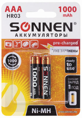 Батарейки аккумуляторные SONNEN, ААА (HR03), Ni-Mh, 1000 mAh, 2 шт., в блистере, 454237