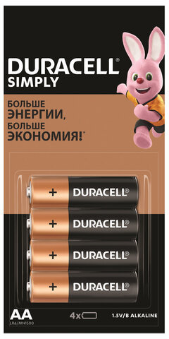 Батарейки КОМПЛЕКТ 4 шт. (отрывной блок), DURACELL Simply, AA (LR06, 15А), алкалиновые, пальчиковые, 5009139