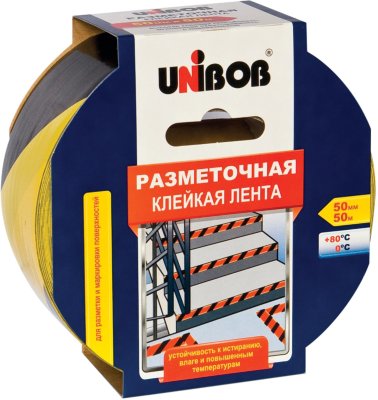 Клейкая лента разметочная 50 мм х 50 м, желто-черная, UNIBOB, основа-ПВХ, европодвес