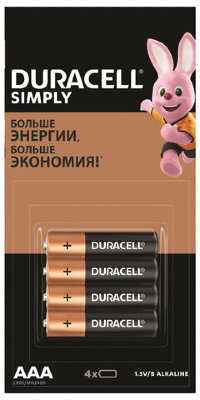 Батарейки КОМПЛЕКТ 4 шт. (отрывной блок), DURACELL Simply, ААА (LR03, 24А), алкалиновые, мизинчиковые, 5009140