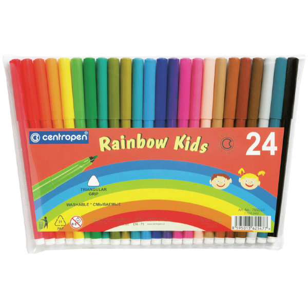 Фломастеры 24цв "Centropen rainbow kids", треуг.захват, пластик.уп-ка