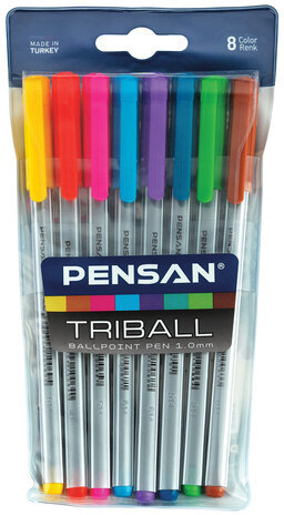 Ручки шариковые масляные PENSAN "Triball Colored", НАБОР 8 шт., АССОРТИ, узел 1 мм, линия письма 0,5 мм, 1003/PVC8