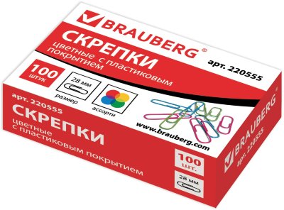 Скрепки BRAUBERG, 28 мм, цветные, 100 шт., в картонной коробке