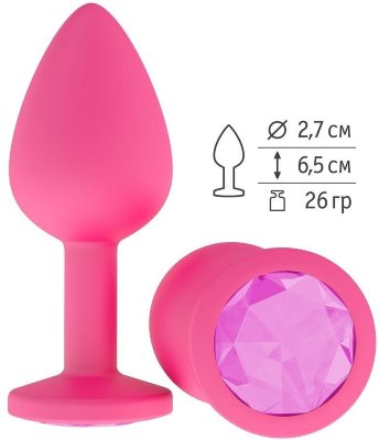 Розовая анальная втулка с розовым кристаллом - 7,3 см.