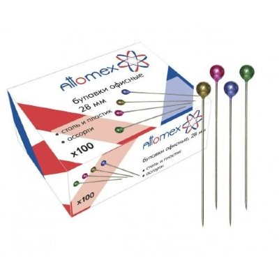 Attomex Булавки офисные, L30 мм, 100 шт, с цветной головкой, карт.упак. 4130300