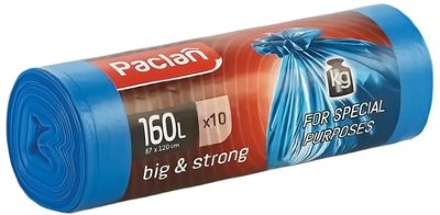 Мешки для мусора 160 л, синие, в рулоне 10 шт., ПВД, 21 мкм, 120х87 см, PACLAN "Big&Strong"