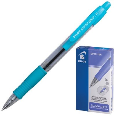 Ручка шариковая масляная автоматическая с грипом PILOT "Super Grip", СИНЯЯ, голубые детали, узел 0,7 мм, линия письма 0,32 мм