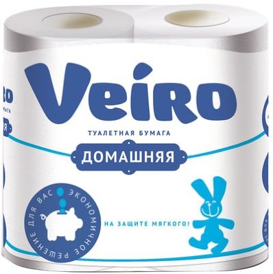 Бумага туалетная бытовая, спайка 4 шт., 2-х слойная (4х15 м), VEIRO "Домашняя", белая