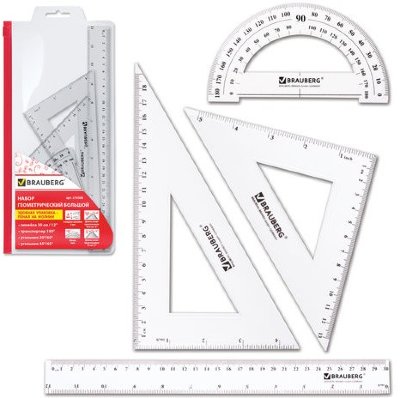 Набор чертежный большой BRAUBERG (линейка 30 см, 2 угольника, транспортир), конверт на молнии, подвес, 210308