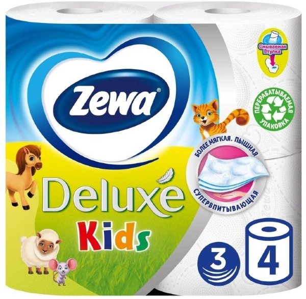 Туалетная бумага Zewa Kids Детская, 3 слоя, 4 рулона