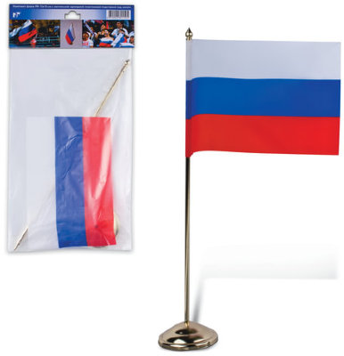 Флаг России, 12х18 см, настольный с флагштоком, высота 30 см, пластик под золото, упаковка с европодвесом, 550023
