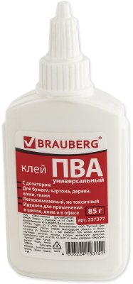 Клей ПВА BRAUBERG (бумага, картон, дерево), 85 г