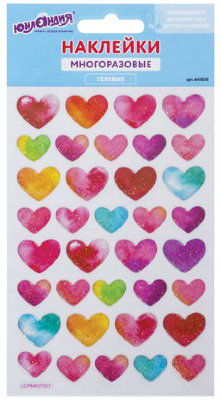 Наклейки гелевые "Сердца", с блестками, 10х15 см, ЮНЛАНДИЯ, 661830