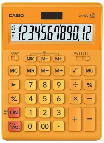 Калькулятор настольный CASIO GR-12С-RG (210х155 мм), 12 разрядов, двойное питание, ОРАНЖЕВЫЙ