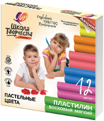 Пластилин восковой пастельный ЛУЧ "Школа творчества", 12 цветов, 180 г, картонная упаковка, 29С 1771-08