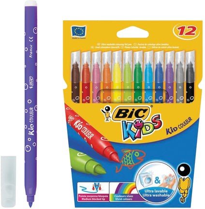 Фломастеры BIC "Kid Couleur", 12 цветов, суперсмываемые, вентилируемый колпачок, европодвес