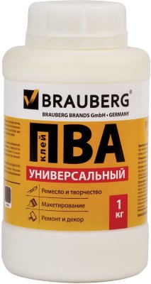 Клей ПВА BRAUBERG, 1 кг, универсальный (бумага, картон, дерево)