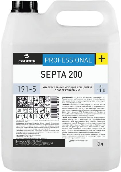 Средство дезинфицирующее 5 л, PRO-BRITE SEPTA 200, щелочное, низкопенное, концентрат