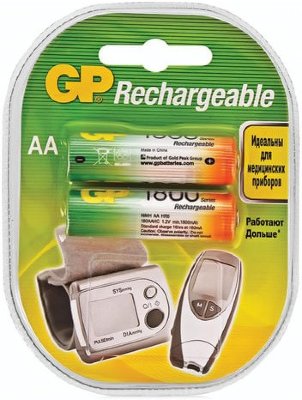 Батарейки аккумуляторные GP, АА, Ni-Mh, 1800 mAh, комплект 2 шт., в блистере