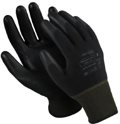 Перчатки нейлоновые MANIPULA "Микропол", полиуретановое покрытие (облив), размер 7 (S), черные, TPU-12