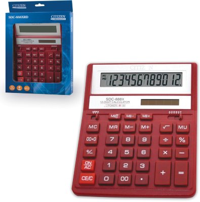 Калькулятор настольный CITIZEN SDC-888ХRD (203х158 мм), 12 разрядов, двойное питание, КРАСНЫЙ