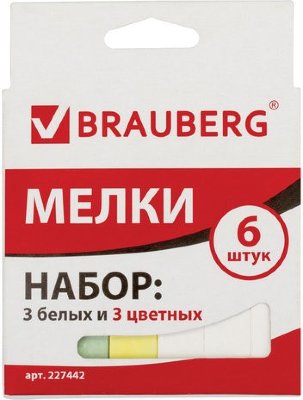 Мел BRAUBERG, набор 6 шт. (3 белых и 3 цветных), квадратный, 227442