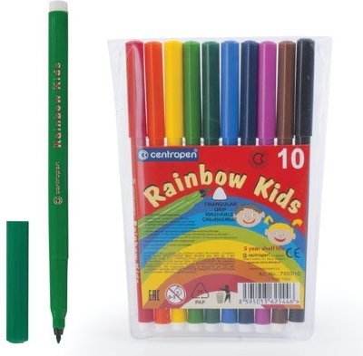 Фломастеры CENTROPEN "Rainbow Kids", 10 цветов, смываемые, эргономичные, вентилируемый колпачок