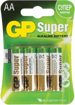Батарейки GP Super, AA (LR06, 15 А), алкалиновые, комплект 4 шт., в блистере