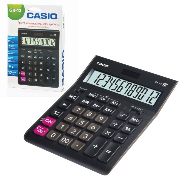 Калькулятор настольный CASIO GR-12-W (209х155 мм), 12 разрядов, двойное питание, европодвес, черный