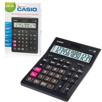 Калькулятор настольный CASIO GR-14-W (209х155 мм), 14 разрядов, двойное питание, европодвес, черный