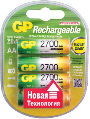 Батарейки аккумуляторные GP, АА, Ni-Mh, 2700 mAh, комплект 4 шт., в блистере