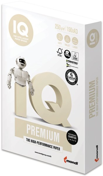 Бумага IQ PREMIUM БОЛЬШОЙ ФОРМАТ (297х420 мм), А3, 250 г/м2, 150 л., класс "А", белизна 170% (CIE)