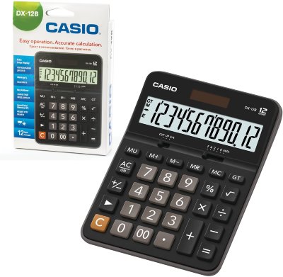 Калькулятор настольный CASIO DX-12B-W (175х129 мм), 12 разрядов, двойное питание, черный