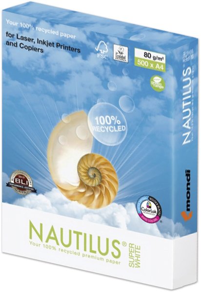 Бумага офисная А4, класс "A", NAUTILUS SUPER WHITE, RECYCLED, 80 г/м2, 500 л., Mondi, белизна 150% (CIE)