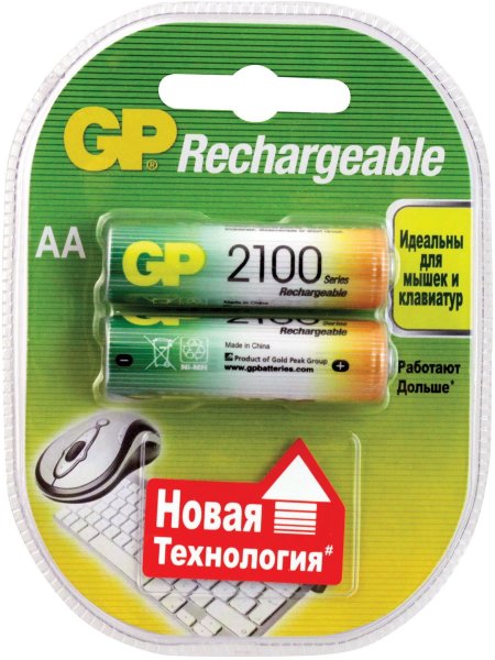 Батарейки аккумуляторные GP, АА, Ni-Mh, 2100 mAh, комплект 2 шт., в блистере