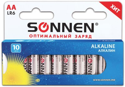 Батарейки SONNEN Alkaline, АА (LR06, 15А), алкалиновые, КОМПЛЕКТ 10 шт., в коробке