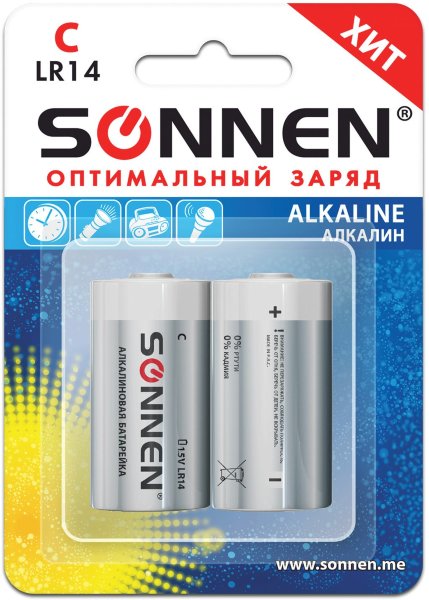 Батарейки SONNEN Alkaline, С (LR14, 14А), алкалиновые, КОМПЛЕКТ 2 шт., в блистере