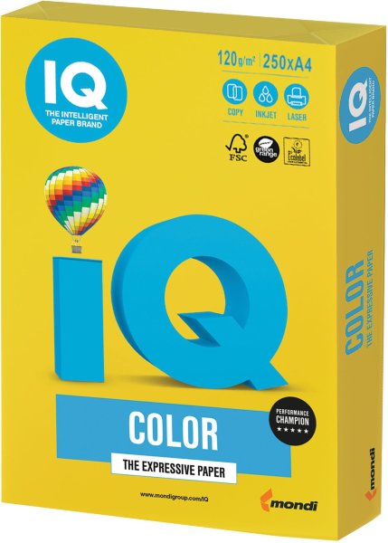 Бумага IQ color, А4, 120 г/м2, 250 л., интенсив, ярко-желтая, IG50