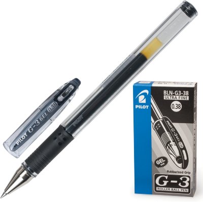 Ручка гелевая с грипом PILOT "G-3", ЧЕРНАЯ, корпус прозрачный, узел 0,38 мм, линия письма 0,2 мм