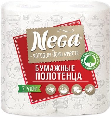 Полотенца бумажные бытовые, спайка 2 штуки, 2-х слойные (2х13,2 м), NEGA ("Нега"), белые